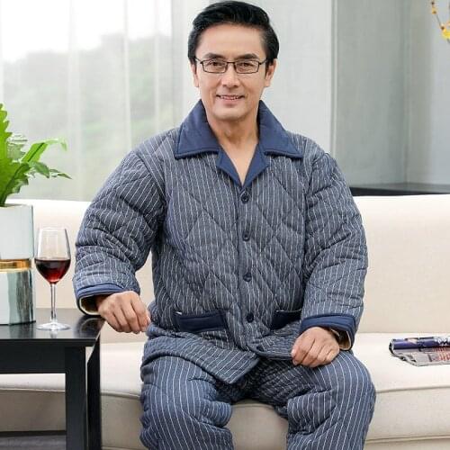 Three-Layer Quilted Men Pajamas Set Winter Full Cotton Long Sleeve Trousers Set Korean Striped Autumn Home Service Men Sleepwear