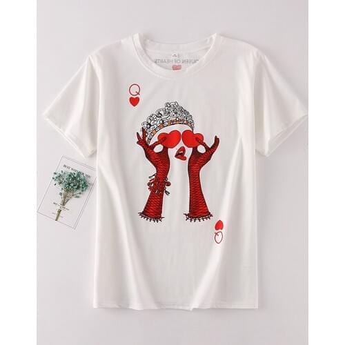 Casual White Cotton Women T-shirt Fashion Playing Card Red Q Girl Harajuku Tops Female Short Sleeve Summer Tees Big Size Loose