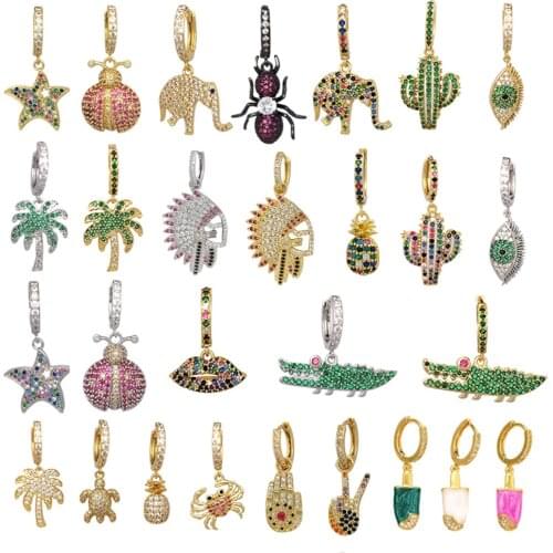 QMHJE 1 Piece Small Hoop Earring Women CZ Rainbow Jewelry Gold Silver Color Pineapple Star Cactus Evil Eye Elephant Earing
