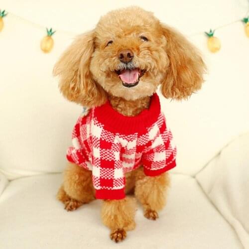 Dogs Cats Red Polyester Warm And Comfortable Teddy Jacket Flower Printed Sweater Grid Stripe Teddy Bichon Pets Clothes Costume