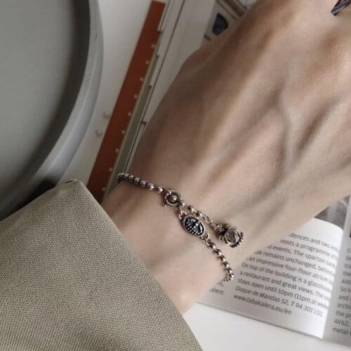 925 Sterling Silver Vintage Antique Silver Design Crown Cross Charm Pendant Ball Bead Chain Bracelet For Women Jewelry Gift