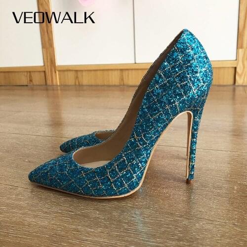 Veowalk Plaid Shiny Sequins Women High Heels Sexy Ladies Pointed Toe Stiletto Pumps Woman Slip On Wedding Party Dress Shoes