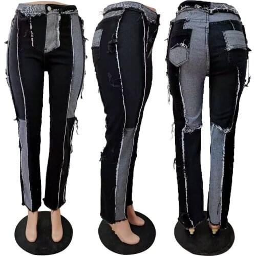 Womens Patchwork Color Denim Jeans All-match Stitching Skim Fit Pants for Party Vacation Travelling Shopping Dating