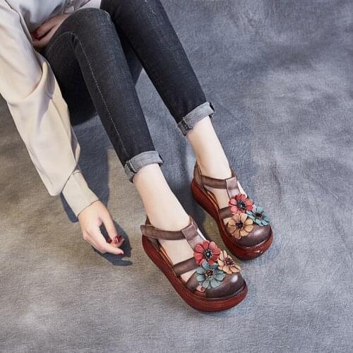 AARDIMI Summer Womens Wedges Genuine Leather Sandals Ladies Retro Casual With Flowers Shoes Woman Platform Rome Slides Footwear