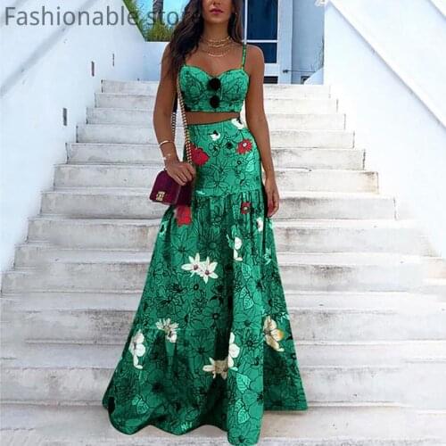 Women Summer 2pcs Set Floral Print Suspender Top and High Waist Ruffles Maxi Skirts Suit Large Size 3XL