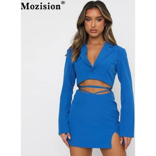 Mozision Autumn Two Piece Cropped Blazer Skirt Set 2 Piece Sets Womens Outfit Skirt Femme Button Notched Lace Up Matching Set