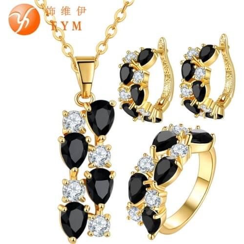 FYM Brand Yellow Gold Color Jewelry Set Black Zirconia Crystal Necklace Earrings Ring Sets bride wedding Jewelry Set femme