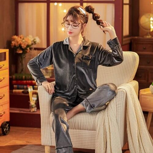 Winter Gold Velvet Womens pajamas set Thick Warm long-sleeved 2 Pcs Sleepwear Suit Female Loose Loungewear Homewear Nightgown