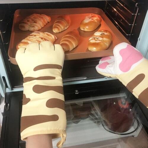 3D Cartoon Cat Paws Oven Mitt Thicken Long Cotton Baking Insulation Gloves Microwave Heat Resistant Non-Slip Cute Kitchen Glove
