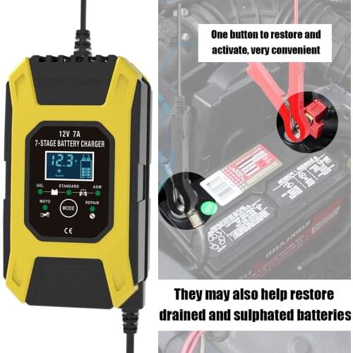 Car Battery Charger12V 7A Lead-acid Battery Charger LCD 7-Stages Trickle Chargers for Car Motorcycle Lawn Mower Marine Boat SUV
