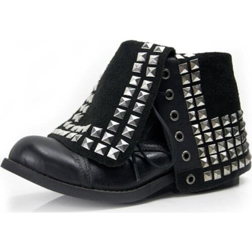 Choudory 2017 Super Top Quality Lace Up Genuine Leather Studded Botas Mujer Cowboy Boots Flat Rain Boots Shoes Woman