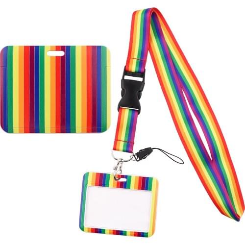 1pcs ZF3010 Rainbow Gay Buckle Lanyard Horizontal Direction Cardholder ID Holder Staff Card Lanyard For Key Phone DIY Hang Rope