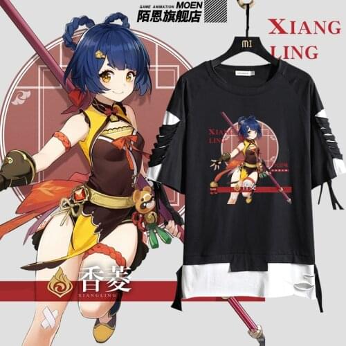 Genshin Impact Xiangling Keqing Qiqi Manga cosplay Short Sleeve Cotton T-shirt Japan Anime Game Tee Tops Oversized Clothes suits