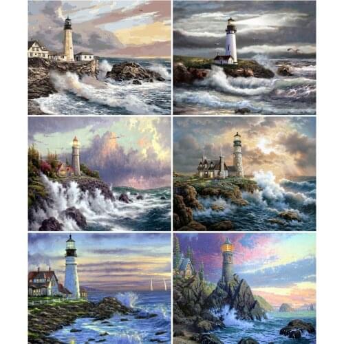 HUACAN Oil Painting By Number Lighthouse Seascape Acrylic Wall Art Coloring By Numbers Sea Kits Handpainted Home Decoration