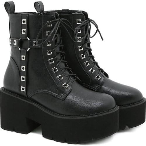 Classic Women Motorcycle Boots Thick heel Shoes Woman High Heel Platform PU Leather Boots Lace Up Women Shoes Black Boots