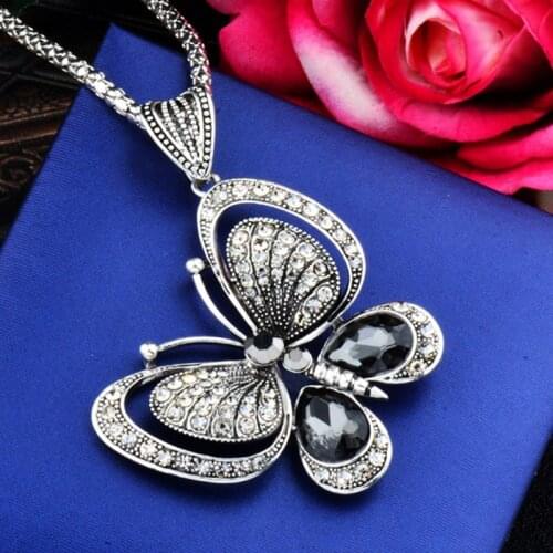 LEEKER Vintage Cubic Zirconia Animal Butterfly Pendant Necklace Long Chain Women Jewelry Accessories bijoux femme 124 LK2