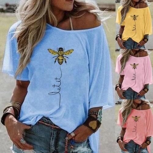 Summer 2021 Popular Short-sleeved Printed Bee Round Neck One-shoulder Ladies Top