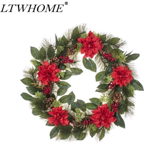 LTWHOME WHCMRF 22 Inch Handmade Spring Summer Wreath with Red Dahlias, Berries, Greenery for Front Door, Wall, Mantelpiece