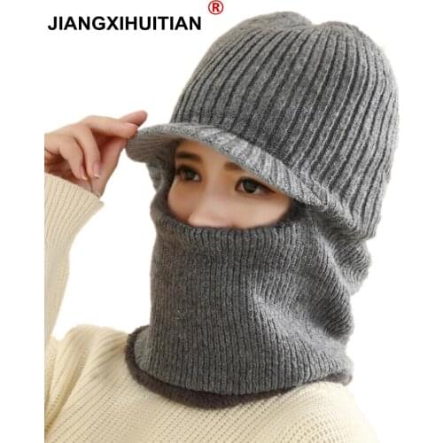 Neck warmer women hat knit cap scarf set fur Wool Lining Thick Warm Knit beanies balaclava Winter Hat mask Cap Skullies bonnet