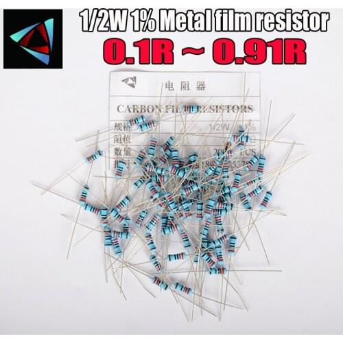 50pcs 1/2W Metal Film Resistor +-1% 0.1 0.12 0.15 0.18 0.2 0.22 0.24 0.27 0.3 0.33 0.39 0.47 0.5 0.56 0.62 0.68 0.75 0.82 ohm