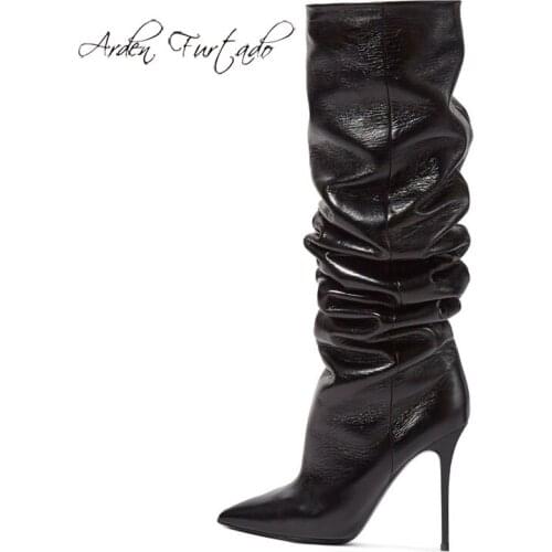 Arden Furtado Fashion Womens Shoes Winter Pointed Toe Stilettos Heels blue brown pleated Knee High Boots Catwalk boots 45 46