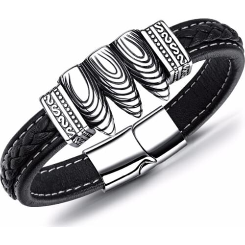 FATE LOVE Punk Male Men Black Leather Bracelets with Stainless Steel Bullet Shape Charm Fashion Jewelry