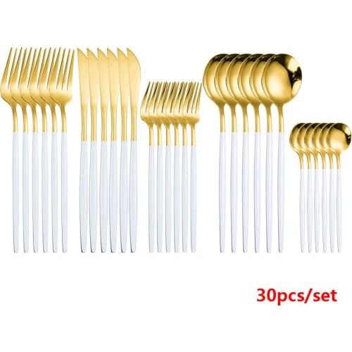 30pcs/set white gold Dinnerware Sets Kitchen Mirror Complete Tableware Knives Forks Spoons set Stainless Steel Gold Cutlery Set