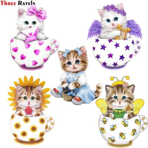 Three Ratels FC165 Sweet Cute Kitty Cat in Cup Vsco Stickers Waterproof Girl Stickers for Skateboard Laptop Suitcase Car Decal