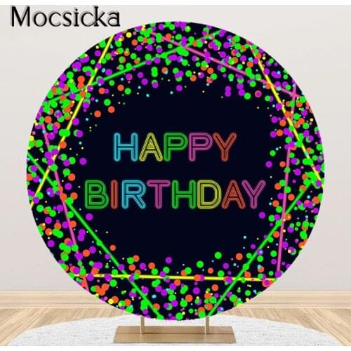 Mocsicka Neon Glow Birthday Party Backdrop Confetti Dots Happy Birthday Background Round Circle Cover Photoshoot Photocall