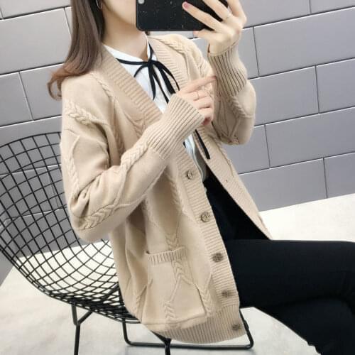 2021 new knitted cardigan womens autumn and winter fashion Korean style loose western style long-sleeved v-neck solid color top