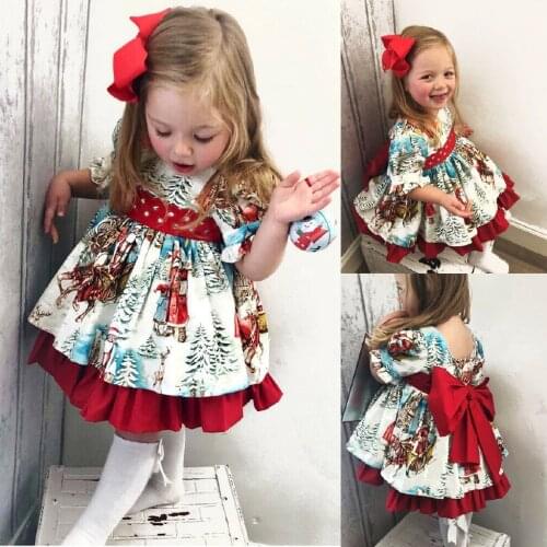 Baby Kids Santa Print Big Bow Christmas Girl Dress Xmas Gift