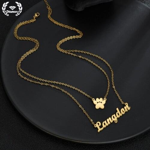 Diamon Personalized Name Stainless Steel Necklace for Women Double Layers Cat Footprint Chain Customized Pendant Jewelry Gift