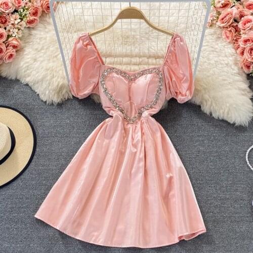 Square Neck Puff Sleeve Rhinestone Love Dress 2021 Summer New Mid-length A-line Dresses