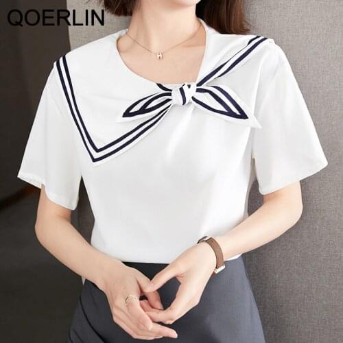 QOERLIN Women Summer Sailor Collar T-Shirts Short Sleeve Loose Korean Loose Casual Basic Tops Female Plus Size White Tees Shirt