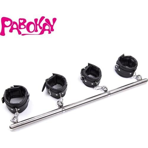 Stainless Steel Adjustable Spreader Bar Bondage Set Sex Slave Handcuffs Ankle Cuffs Fetish Restraints Dog Collar Sex Toys SM