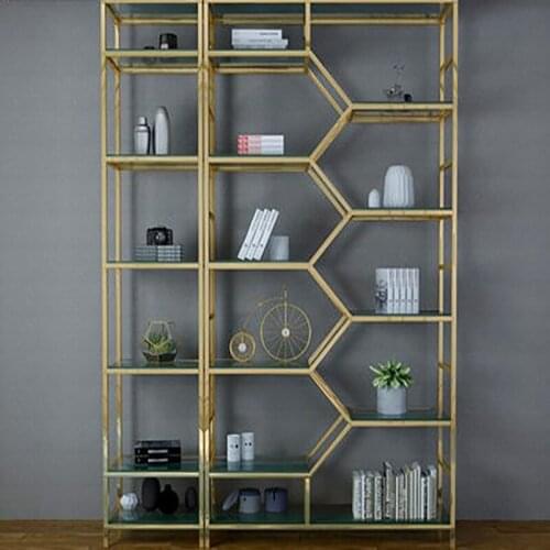 Light luxury stainless steel bookshelf combination floor multi-layer space-saving shelf office simple net red iron book shelf