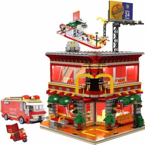 SEMBO 1729pcs City Street View 4 In 1 LED Restaurant Architecture House Car Truck Model Building Blocks Toys For Kid