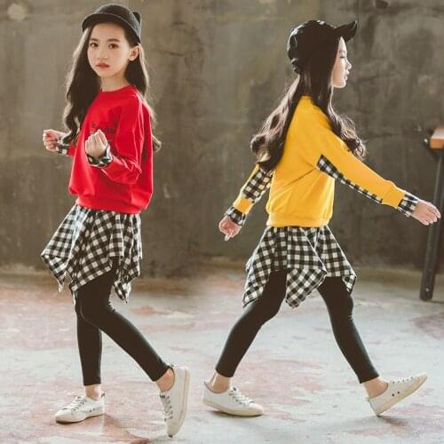 Spring Autumn Girls Clothes 2pcs Sets Long Sleeve Plaid Patchwork Pullover+Skirt Skinny Pants Children Kids Outfits 4-13T