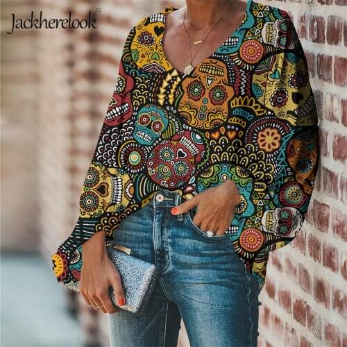 Jackherelook Womens Blouse Shirt Chemisier Chiffon Tops Tee Sexy V-neck Clothes Sugar Skull Pattern Puff Sleeve Gothic Clothing
