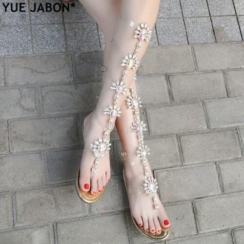 Big Size 43 Sexy Woman Summer Flats Sandals Gladiator Gold Rhinestone Knee High Flat Sandals Bohemia Style Crystal Beach Shoes