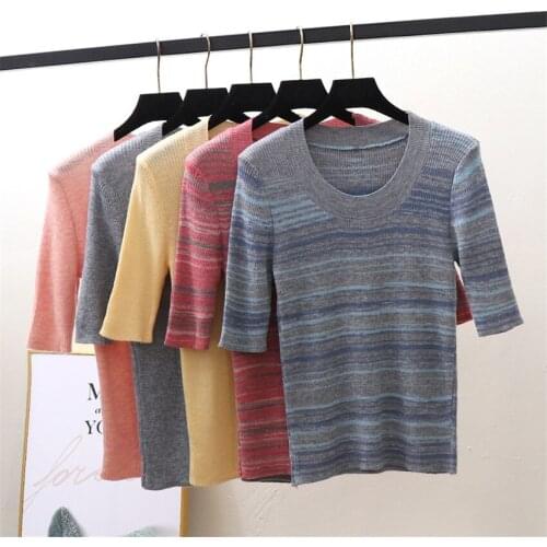 Women O-neck Striped Knitted Sweater Half Sleeve Slim Fit Knitwear Tshirt Pulloer Korean Fashion Vintage Undershirt