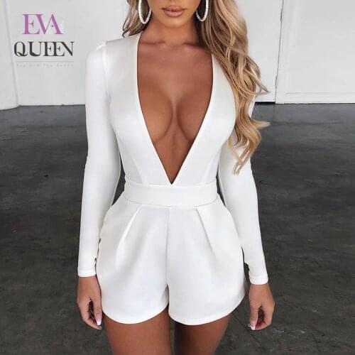 EvaQueen 2020 Summer Autumn Sexy Bodysuit Women V Neck Long Sleeve Zipper Bodycon White Romper Club Party Casual Jumpsuit Female