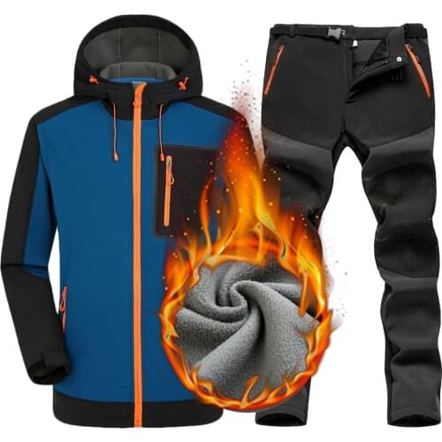 Winter Mens Softshell Fleece Hiking Sets Outdoor Waterproof Windbreaker Jackets Pants Windproof Thermal Trekking Coat Suit