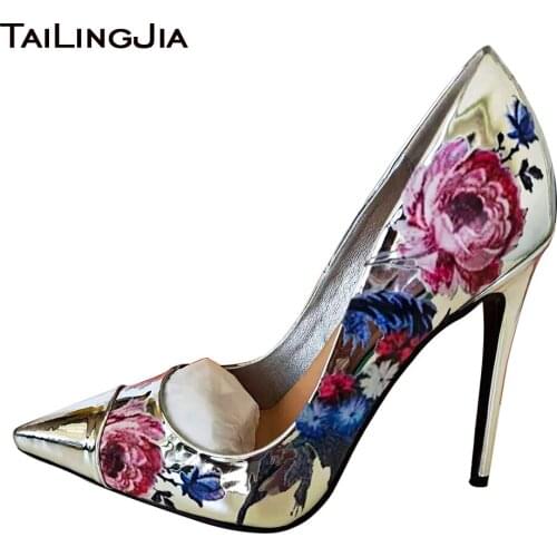 2020 New 3D Print Flower High Heels for Women Party Pumps Ladies Elegant Pointed Toe Stilettos Shoe Large Size Silver Pump Heels