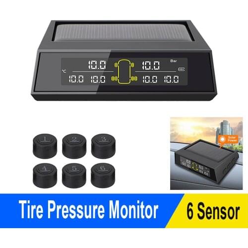 Car Solar Power TPMS 6Pcs/set External Sensor Tire Pressure Monitoring System Monitoring Tire Pressure Range LCD Color Screen