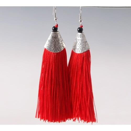 Bohemia Long Tassel Earrings Women Ethnic Flower Pattern Big Dangle Drop Earring Large Eardrop Statement Silver Color Jewelry