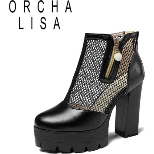 ORCHA LISA Summer Ankle Boots 11cm Block Thick Heels Round Toe Hollow Out 4cm Platform Zip Pearl Black Big Size 32-43 A3956
