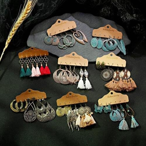 Boho Tassel Summer Ladies Earrings Set Ethnic Alloy Dangle Earrings Womens Geometric Drop Earring Jewelry