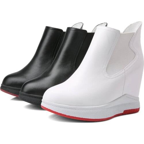 Slip On Fashion Sneakers Women Genuine Leather Wedges High Heel Motorcycle Boots Female High Top Round Toe Platform Pumps Shoes