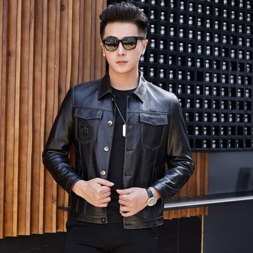 Genuine Leather Jacket Men Motorcycle Sheepskin Coat Short Slim Mens Streetwear Leather Jacket Veste Cuir Homme SY1916F YY424
